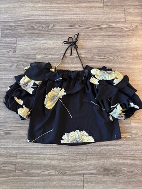 1. State Black Off-Shoulder Floral Ruffle Blouse with Yellow Blooms